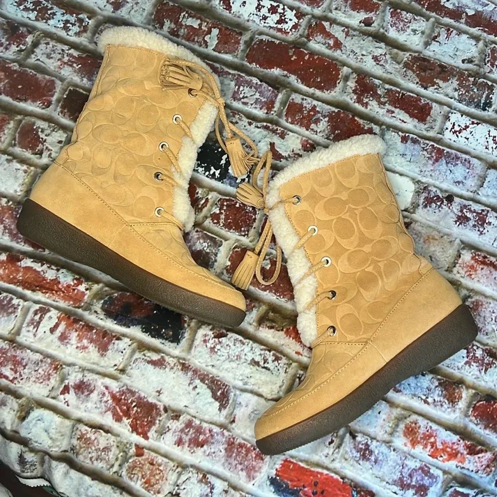 Beige suede CC print coach ankle boots